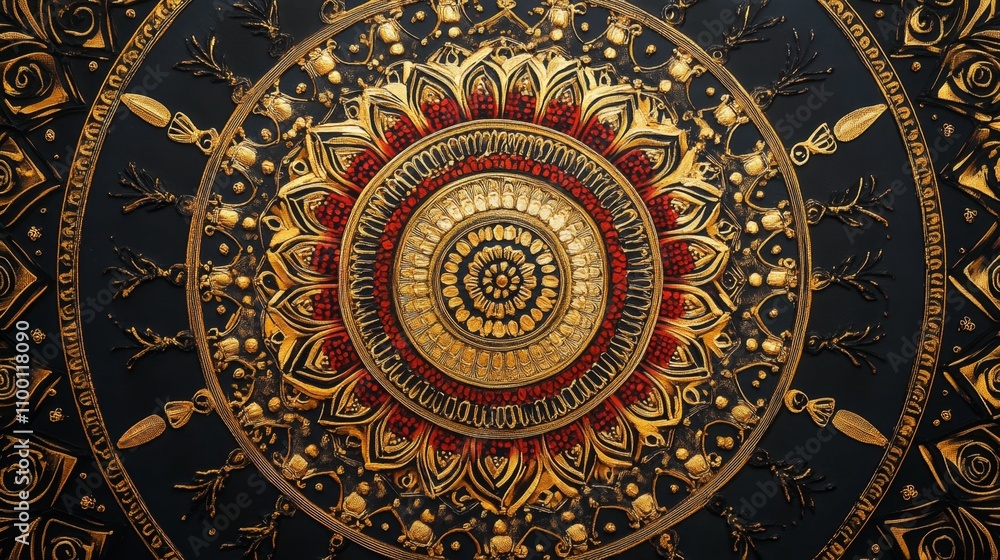 Obraz premium Golden Mandala Art with Red Accents