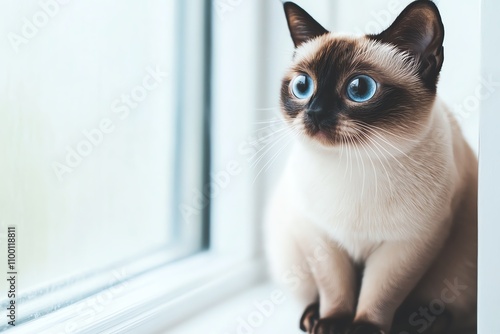 Adorable Siamese cat gazing out window photo