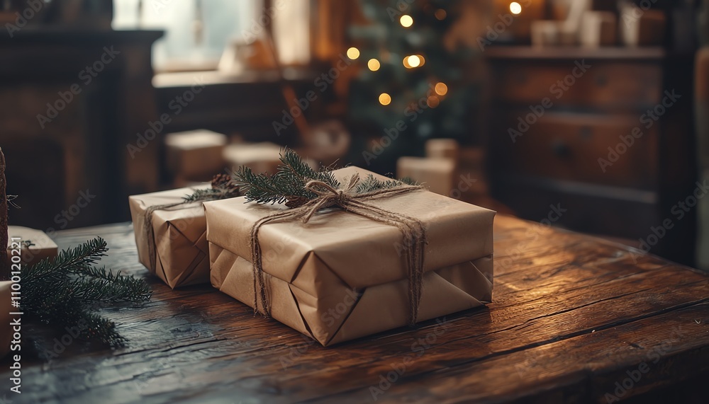 Rustic wooden table with wrapped gifts, cozy holiday decor, bokeh lights, warm ambiance, Christmas setting, inviting and festive mood Rustic wooden table with wrapped gifts, cozy holiday decor, bokeh lights, warm ambiance, Christmas setting, inviting and festive mood