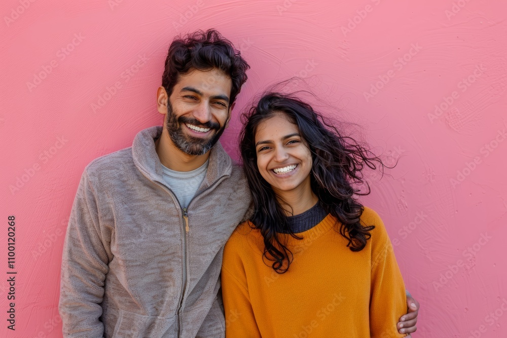 Obraz premium Portrait of a smiling indian couple in their 30s dressed in a comfy fleece pullover isolated in solid pastel color wall