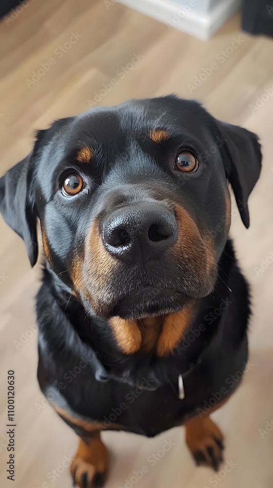 Obraz premium Strong rottweiler portrait in cozy indoor setting