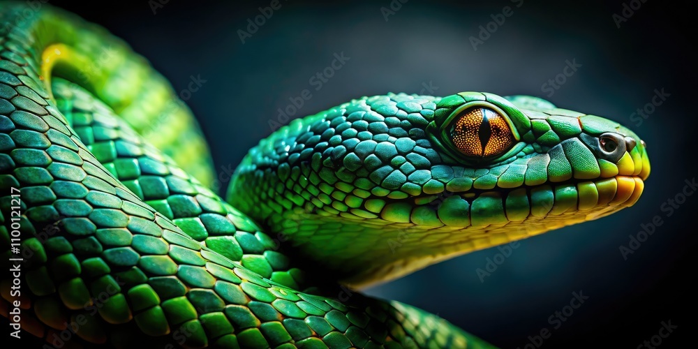 Fototapeta premium Stunning macro photograph of a green snake, highlighting its intricate scales, with ample copy space ideal for nature lovers and wildlife enthusiasts to enjoy.
