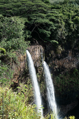 waterfall in a lush green arean on the tropical island of kauai, hawaii photo