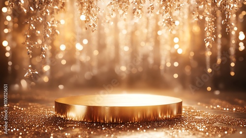 A goldtrimmed podium with sparkling bokeh lights and soft beige tones, a glamorous display of elegance and celebration photo