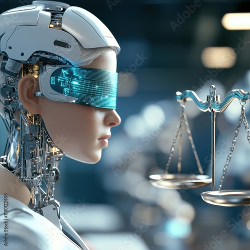 Law restriction justice. A futuristic robot with a digital visor holds a scale, symbolizing justice and the intersection of technology and law.