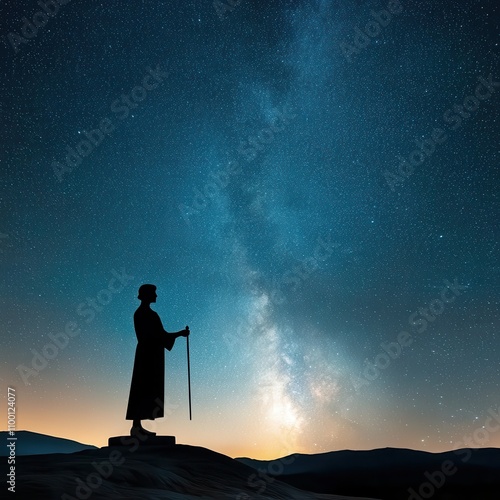 Law restriction justice. A silhouetted figure stands against a starry night sky, gazing at the Milky Way, evoking a sense of wonder and introspection. photo