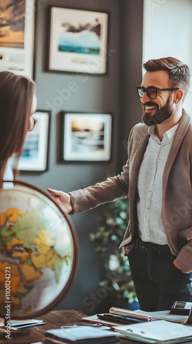 Travel agent discusses destinations in office environment