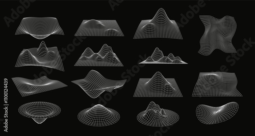 3d wireframe shapes, perspective grid waves, tech mesh white line elements on black, dimensional mountains vector set