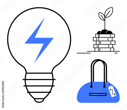 Light bulb with an electric bolt inside, a plant sprouting from stacked coins, and a blue purse with a price tag. Ideal for sustainability, finance, innovation, retail, investment, energy efficiency