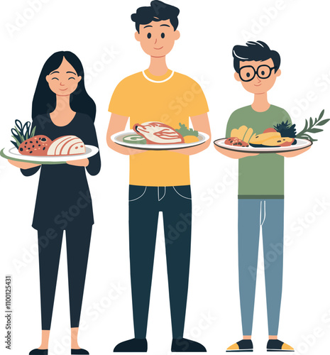 People with plates of food. Vector illustration of three people, each holding a plate of food. Children of different ages with plates of food. illustration of a family photo. A festive treat.