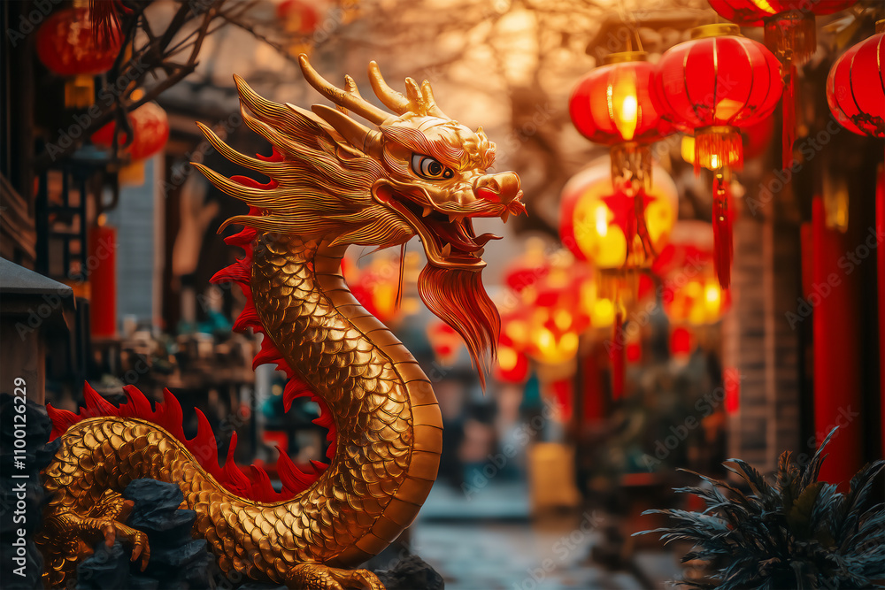 Fototapeta premium Chinese dragon against red round lanterns