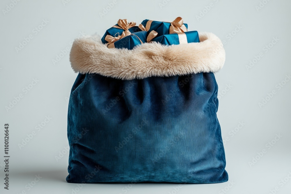 Naklejka premium Bag in blue colours with presents inside, studio white background.