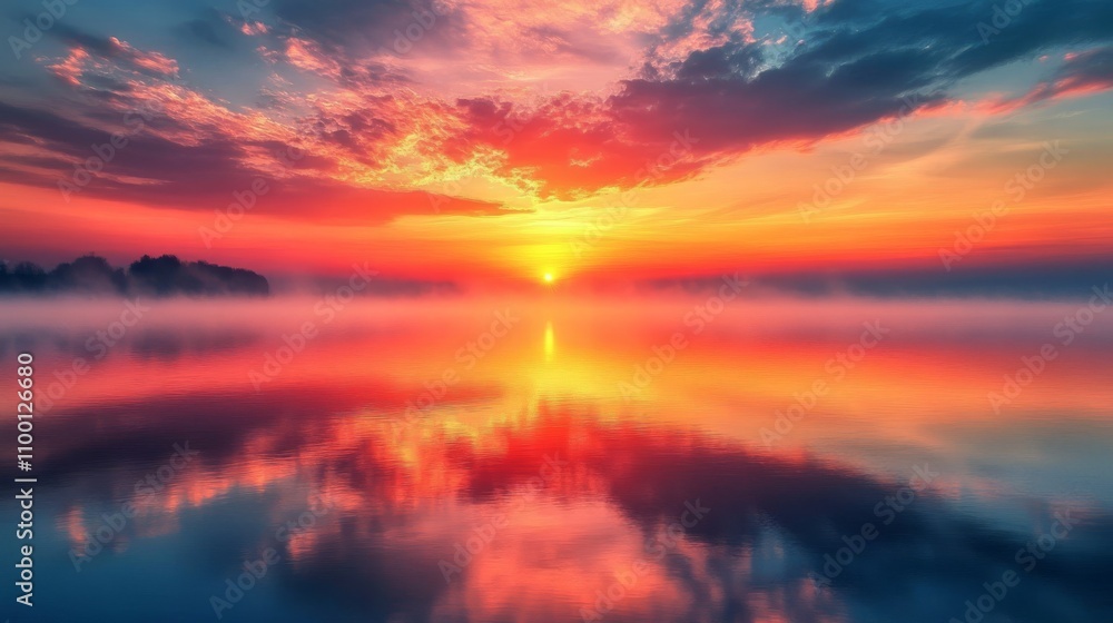 Fototapeta premium Vibrant Sunrise Over Misty Lake Reflecting Colorful Sky