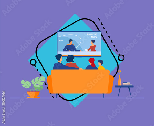 Breaking news concept. Back view of family couple and children sitting on sofa in living room, watching TV news with host interviewing guest. For television, broadcasting, media production concepts