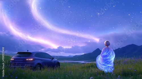 Twinkling sky over a serene landscape with car photo