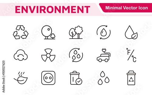 Environment Icon Set. A vibrant collection of icons promoting sustainability and eco-friendliness, environmental awareness and conservation efforts.