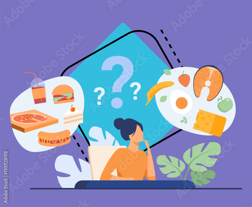 Cartoon woman choosing between healthy meal and unhealthy food isolated flat vector illustration. Junk vs good diet choice. Lifestyle and nutrition concept