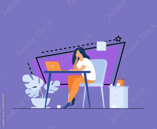 Cartoon exhausted woman sitting and table and working isolated flat vector illustration. Tired businesswoman with professional burnout syndrome. Tiredness and trouble concept