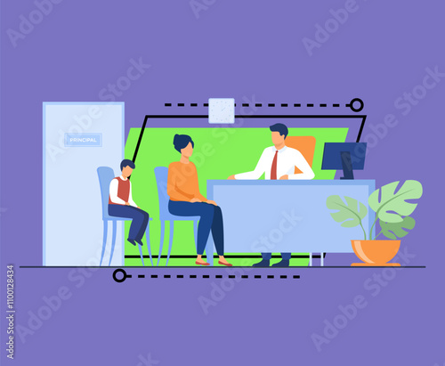 Children behavior problems concept. Mom and son visiting school principal office. Pupil feeling guilty while his mother talking to headmaster. Illustration for family troubles or education topics