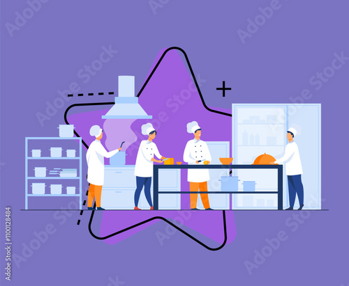 Chefs, cooks and waiters working at restaurant kitchen isolated flat vector illustration. Cartoon professional and commercial cooking process. Hospitality and food concept