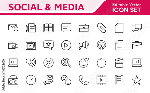 Media Icon Set. A sleek and modern collection of icons designed for the media industry, perfect for enhancing news platforms, entertainment apps, and digital marketing materials.