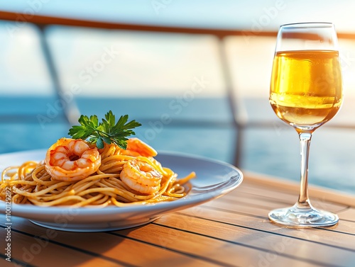 Delicious shrimp pasta with white wine ocean view restaurant food photography sunset dining culinary experience for food lovers photo