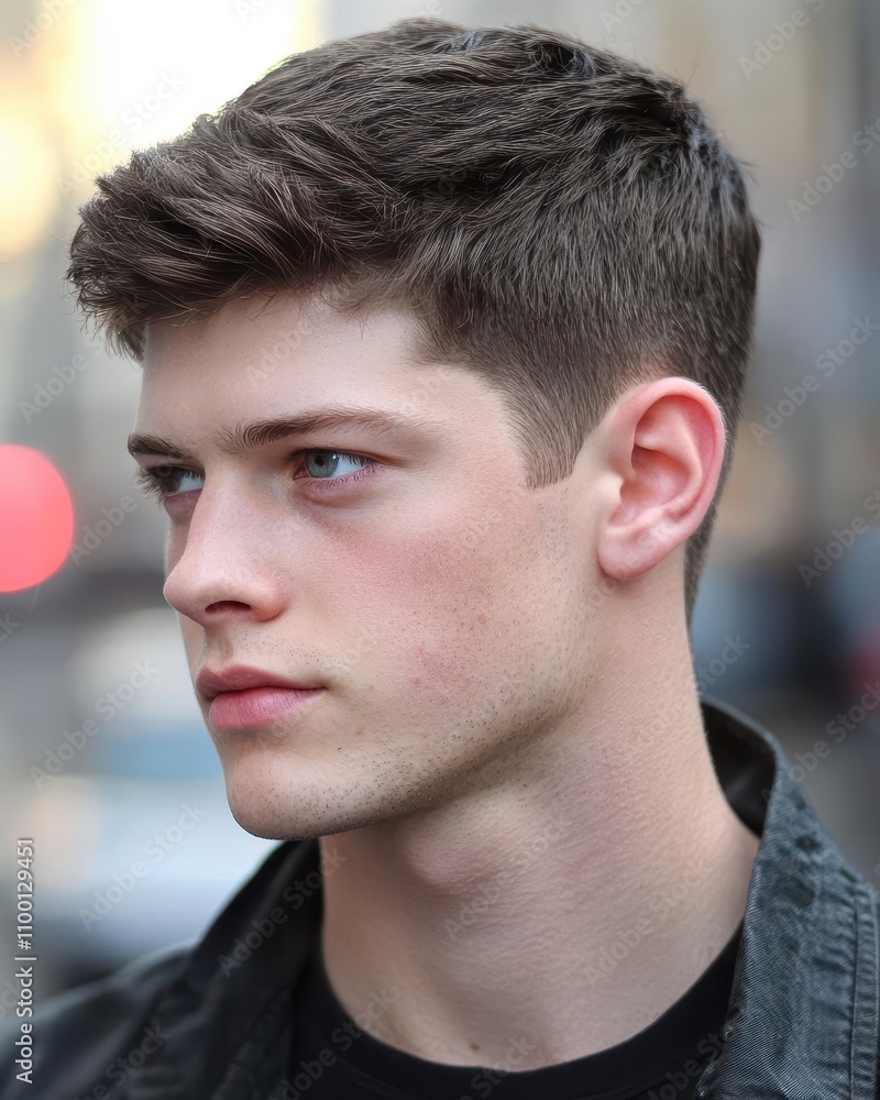 Obraz premium A Close Up Portrait of a Young Man with a Stylish Haircut, Brown Hair, and a Clean-Shaven Face. His Expression is Serious and His Eyes are Captivating.