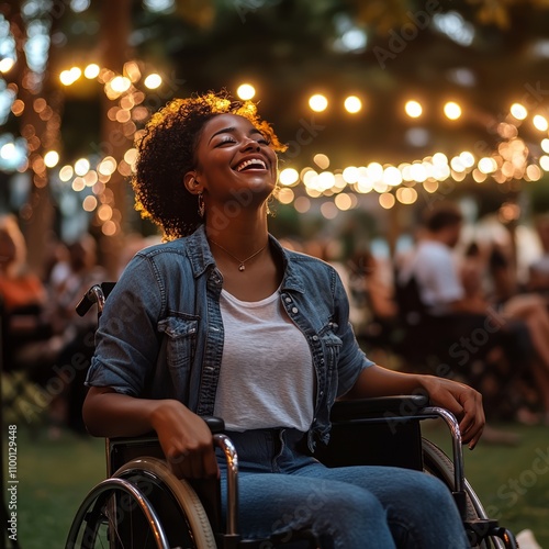 Happy Woman in Wheelchair at Night Event