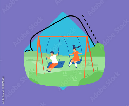 Cute girl and boy swinging and enjoying holiday isolated flat vector illustration. Cartoon happy friends playing on playground. Nature camp and weekend concept