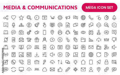 Media Icon Set. A sleek and modern collection of icons designed for the media industry, perfect for enhancing news platforms, entertainment apps, and digital marketing materials.