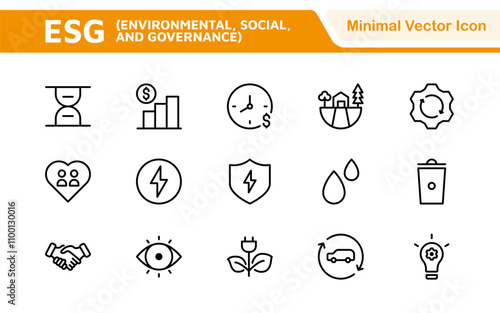 ESG flat line icon set. Outline icon collection related to ecology, environment social governance, risk management, sustainable developmen and more. photo