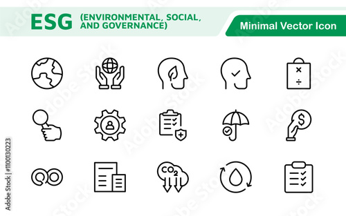 ESG flat line icon set. Outline icon collection related to ecology, environment social governance, risk management, sustainable developmen and more.