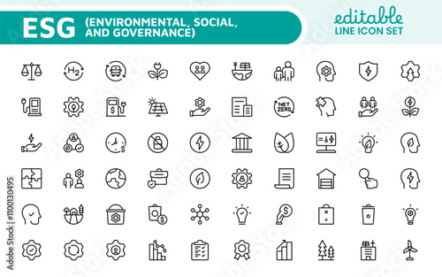 ESG flat line icon set. Outline icon collection related to ecology, environment social governance, risk management, sustainable developmen and more.