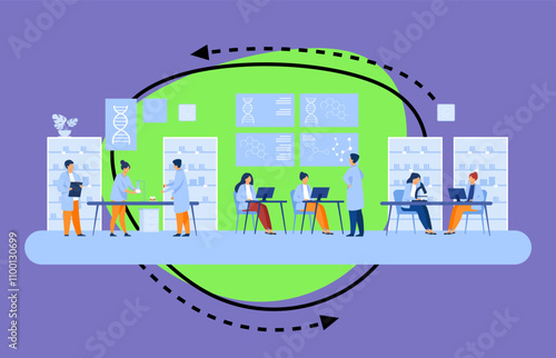 Genetic engineer scientists working in medical laboratory isolated flat vector illustration. Cartoon chemical specialists analyzing DNA. Science industry and clinical research concept