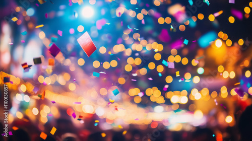 Colorful confetti falls in front of colorful lights bokeh background street party scene, carnival celebration, party, new years, mardi gras, holiday concepts -- no people.	 photo