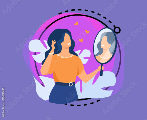 Happy woman looking at herself in mirror. Female character admiring her reflection. Can be used for ego, narcissism, self love concepts