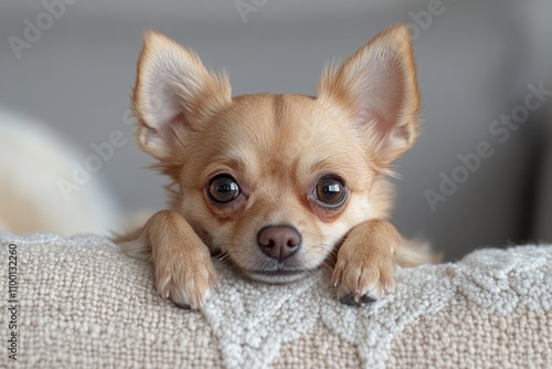 Adorable light brown Chihuahua puppy peering over a cream-colored knitted blanket, looking directly at the camera with large, expressive eyes.