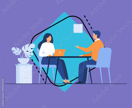 Job interview conversation. HR manager and employee candidate meeting and talking. Man and woman sitting at table and discussing career. Business or human resource concept