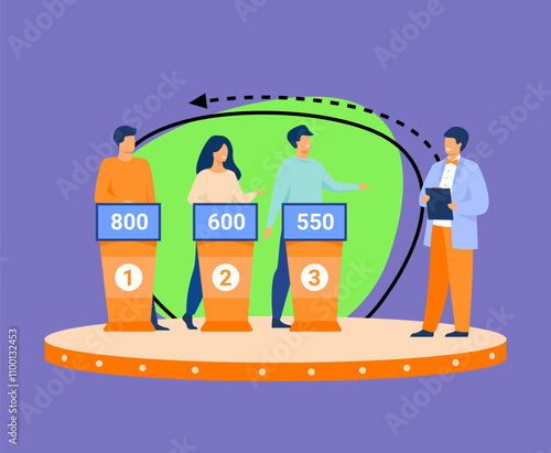 Intelligent young people playing television quiz with host isolated flat vector illustration. Cartoon TV program participants answering questions. Game quiz show and puzzle concept