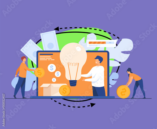 Investment and crowdfunding concept. People investing money to startup project, raising cash for donation on internet. Vector illustration for cooperation, business, sponsor topics