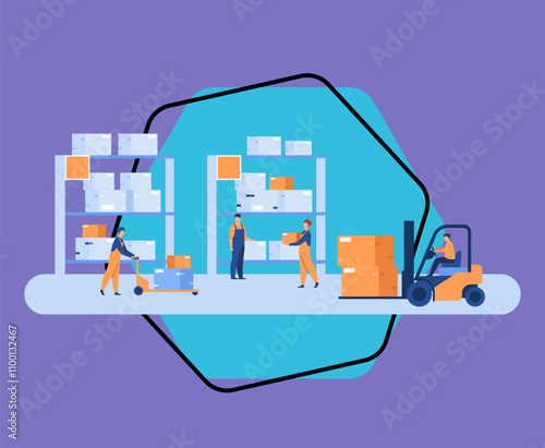 Logistic workers carrying boxes with loaders in warehouse. Couriers wheeling carts with cargo, riding forklift with packages among hangar shelves. For delivery service, stockroom, storage concept