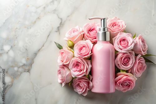 Stylish pink bottle with a convenient pump dispenser, adorned with roses on a marble surfaceâ€”perfect for beauty, skincare, and floral-inspired decor. photo