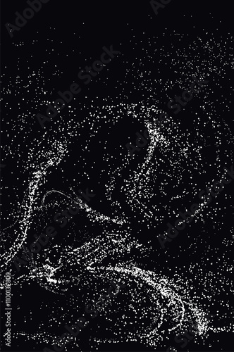 Snow falling overlay effect on black background, vector snowstorm, blizzard, white grainy noise texture, powder splash