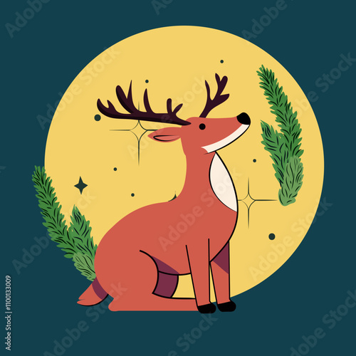 Deer in festive scene with antlers stars greenery yellow moonlit background dark teal setting