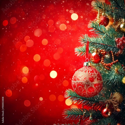 Christmas Tree In Bright Red Background - Bauble Hanging On Fir Tree With Abstract Lights