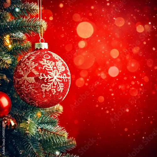 Christmas Tree In Bright Red Background - Bauble Hanging On Fir Tree With Abstract Lights