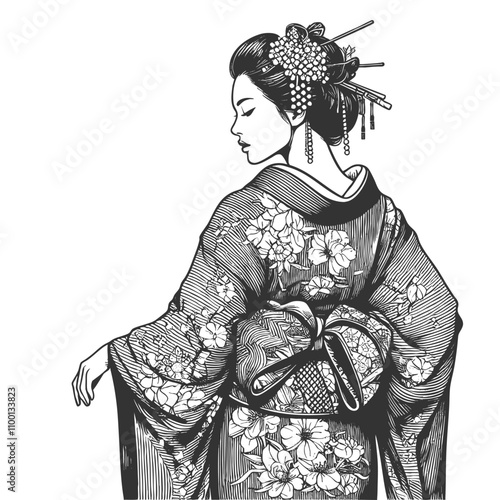 geisha in a floral-patterned kimono, asian woman sketch engraving generative ai fictional character vector illustration. Scratch board imitation. Black and white image.