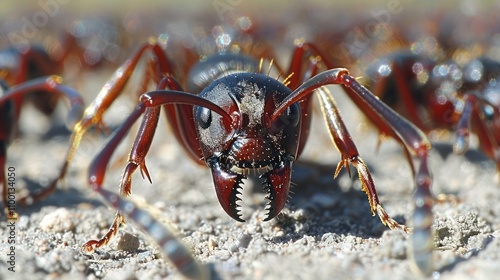 A close-up of a large ant showcasing its detailed features and mandibles. photo