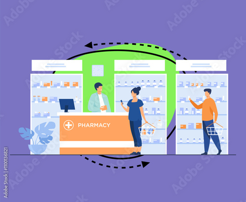 Pharmacy or medical shop concept. People buying medication in drugstore, consulting pharmacist at cash register, choosing drugs at showcase. Vector illustration for pharmaceuticals, healthcare topics