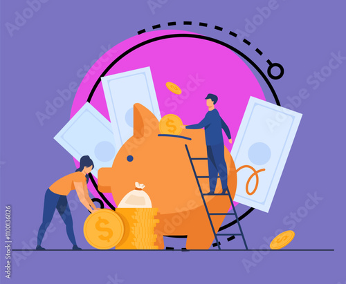 Saving money financial concept. Cartoon people inserting cash into piggy bank, getting and investing income. Vector illustration for fund, investment, deposit topics